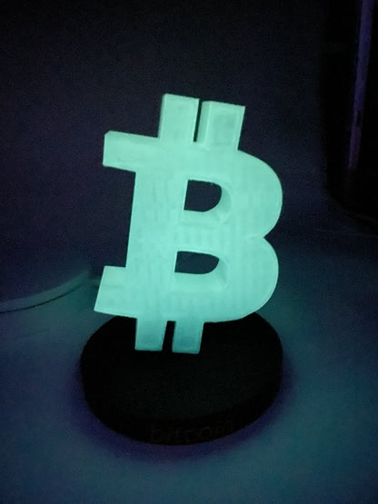 3D-Druck Bitcoin-logo mit Sockel, fluoreszierend